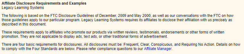 Legacy Learning Systems Affiliate Disclosure Requirements and Examples