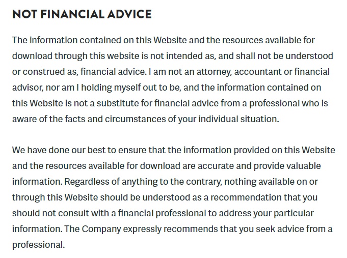 Melyssa Griffin legal and financial investment disclaimer excerpt