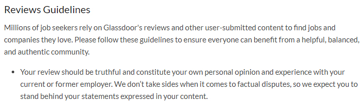 Glassdoor Reviews Guidelines: Opinion disclaimer