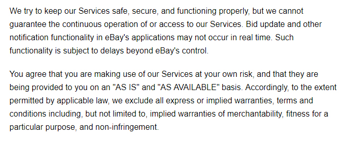 eBay User Agreement: Warranty Disclaimer and Limitation of Liability clause excerpt