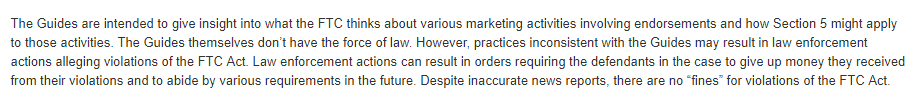 FTC Guides section saying there are no fines for violating Act