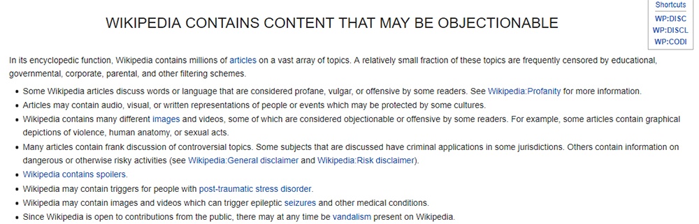 Excerpt of Wikipedia Objectionable Content disclaimer
