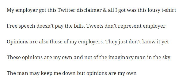 Funny Twitter opinion disclaimer examples from Workology