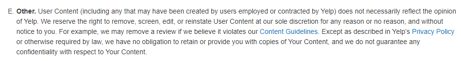 Yelp Terms of Service: Content and Other section: Opinion disclaimer
