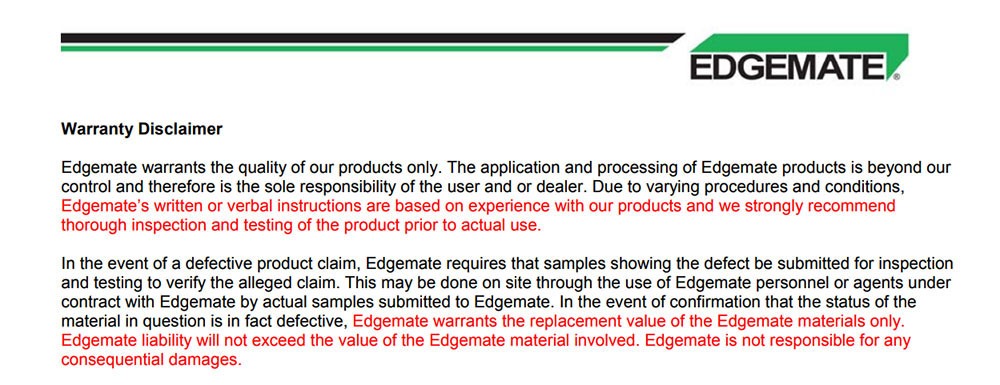 Edgemate specific Warranty Disclaimer