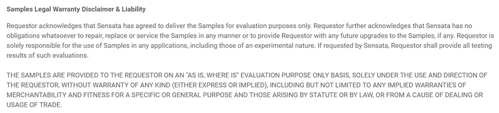 Sensata Samples Legal Warranty and Liability disclaimer excerpt