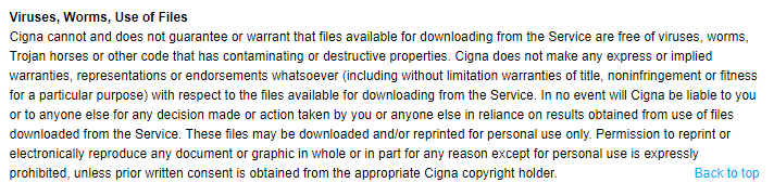 Cigna download disclaimer about viruses, worms and files