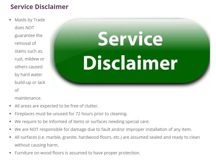 Maids by Trade service Disclaimer