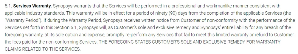 Synopsys Services Warranty disclaimer