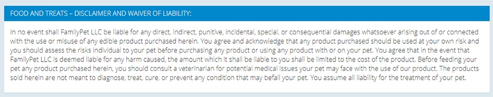 Coupaw's Food and Treats Use at Your Own Risk Disclaimer and Waiver of Liability