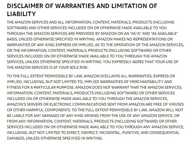 Amazon Conditions of Use: Disclaimer of Warranties and Limitation of Liability clause