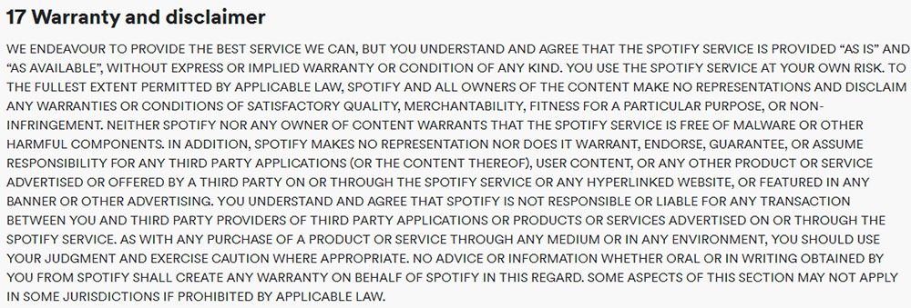 Spotify Terms and Conditions: Warranty and Disclaimer clause